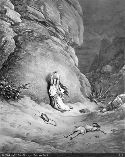Grafiki Gustawa Dor do Biblii Jakuba Wujka - 015 Agara i Izmael w pustyni 1 Mojż. 21,15.jpg